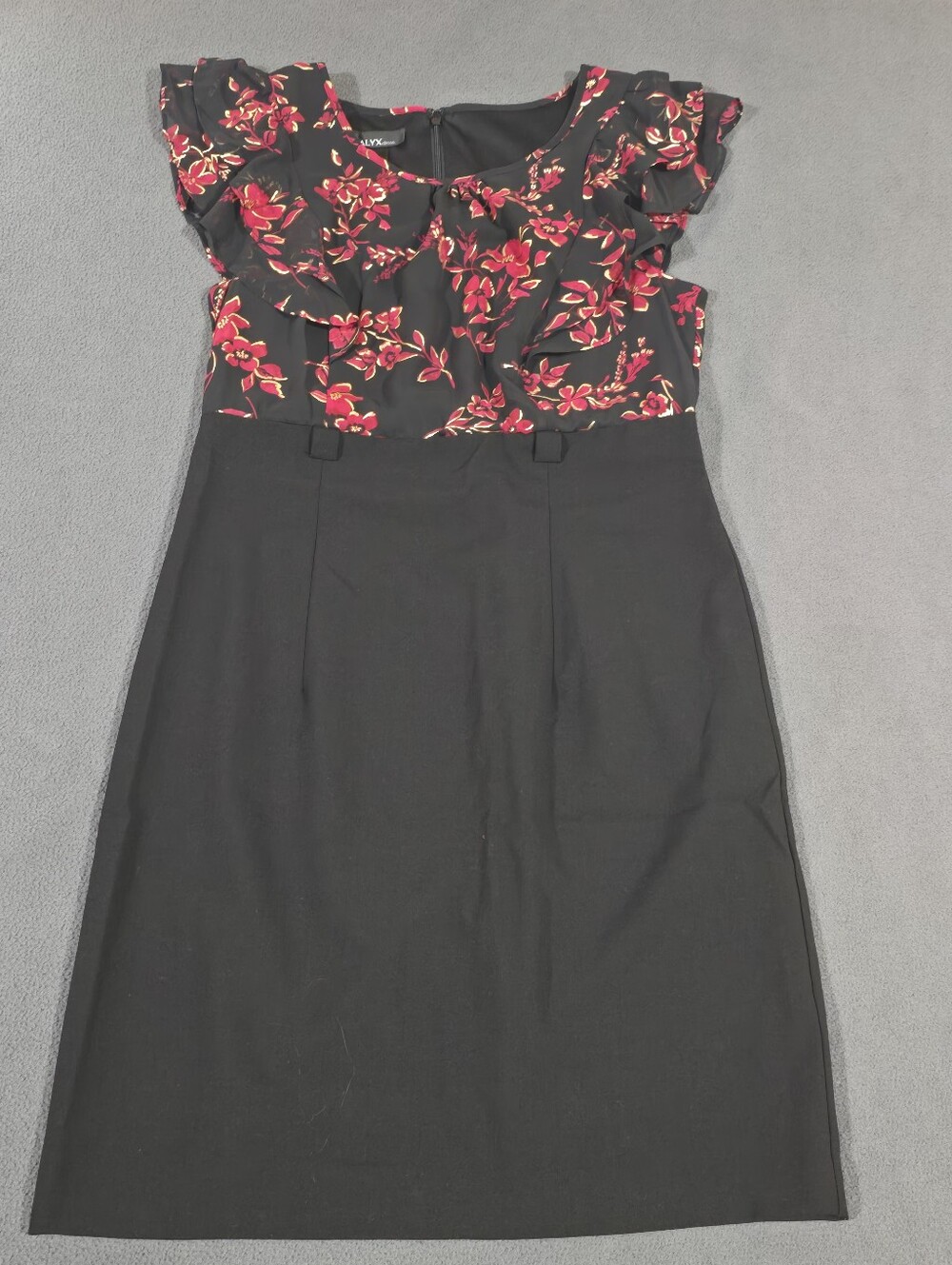 ALYX Dress Black Floral Ruffle Cap Sleeve Sheath Knee Length Drop Waist Size 8